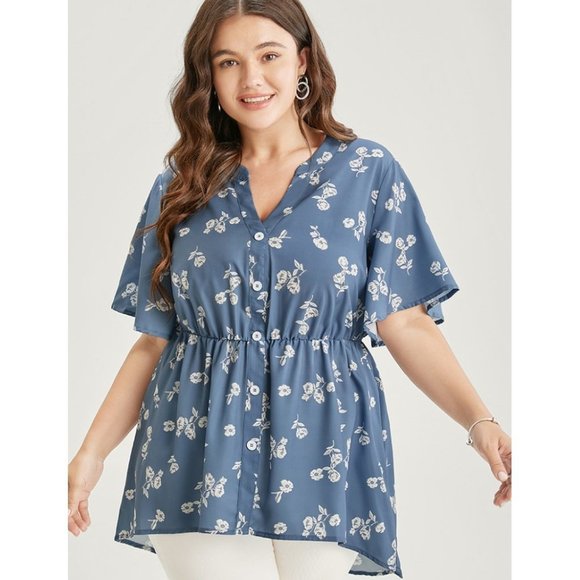 BloomChic Tops - NWT BloomChic Floral Asymmetrical Notched Button Ruffle Sleeve Blouse Size 12/L